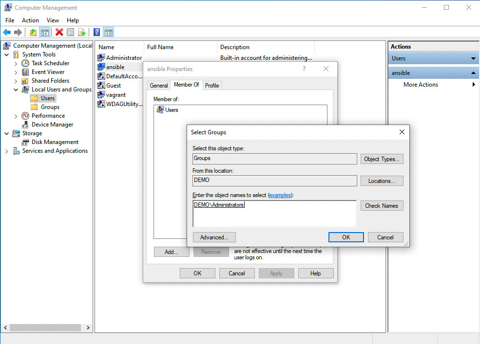 Add "ansible" user to "administrators" Group